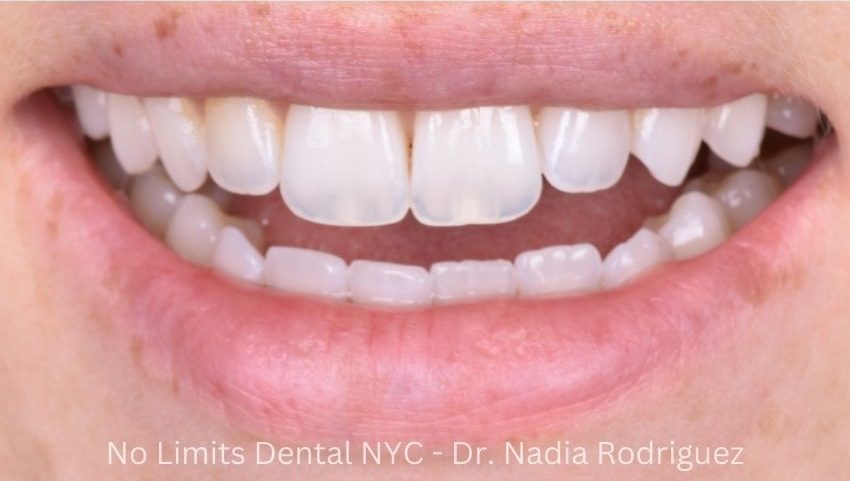 After invisalign was used for 63 days on the bottom teeth to restore this smile — No Limits Dental patient 6, Midtown Manhattan