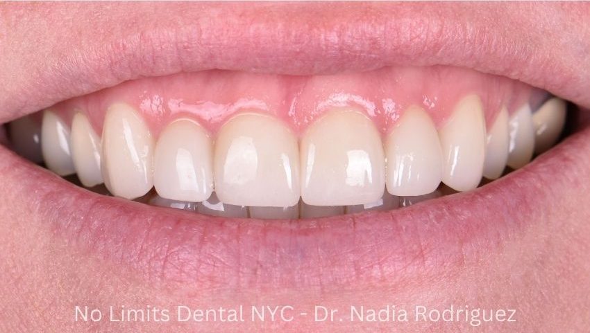 After four all porcelain crowns restored this smile — No Limits Dental patient 7, Midtown Manhattan